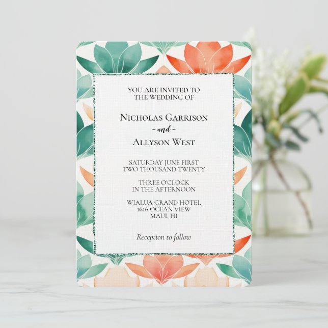 Turquoise Tangerine Chic Floral Wedding Invitation (Standing Front)