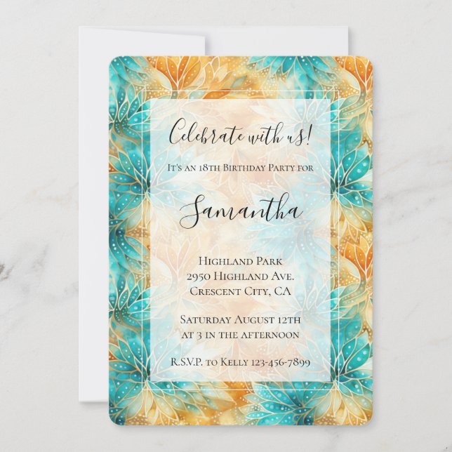 Turquoise Tangerine Flowers Birthday Invitation (Front)