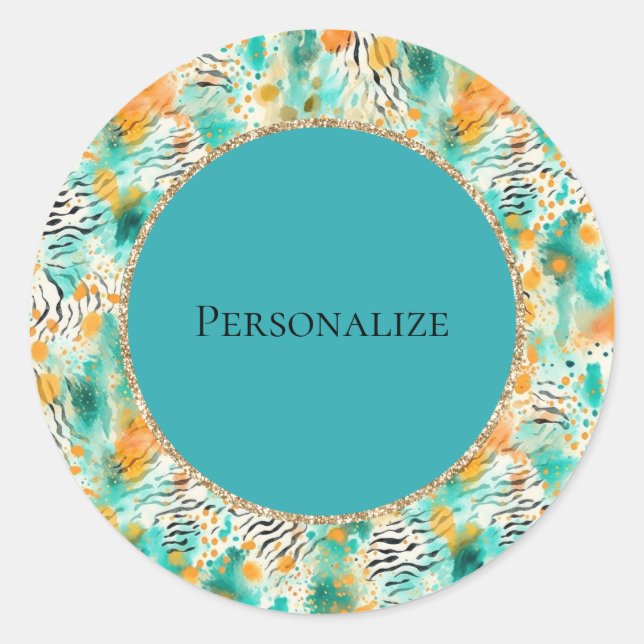 Turquoise Tangerine Zebra Abstract Classic Round Sticker (Front)
