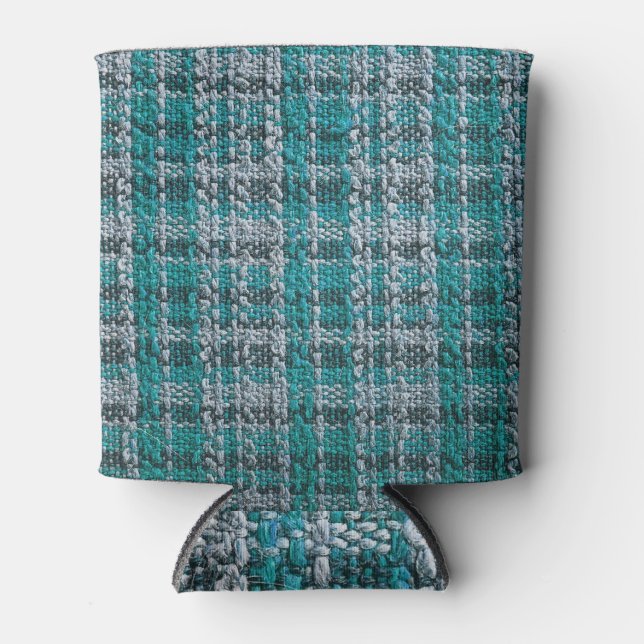 Turquoise tartan fabric, textured background. can cooler (Front)