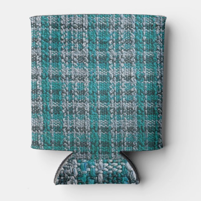 Turquoise tartan fabric, textured background. can cooler (Front)