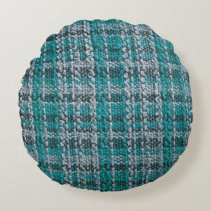 Turquoise tartan fabric, textured background. round cushion