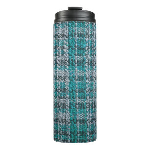 Turquoise tartan fabric, textured background. thermal tumbler