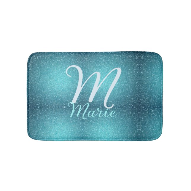 Turquoise teal agate aqua monogram add letter text bath mat (Front)