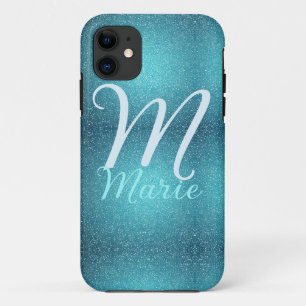 Turquoise teal agate aqua monogram add letter text iPhone 11 case