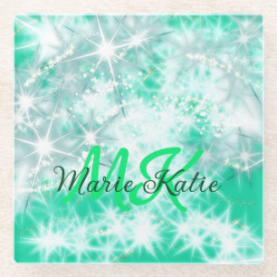 Turquoise teal agate aqua monogram add letter text glass coaster