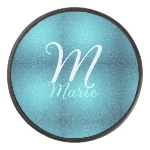 Turquoise teal agate aqua monogram add letter text hockey puck