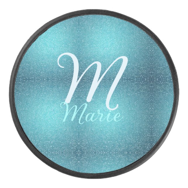 Turquoise teal agate aqua monogram add letter text hockey puck (Front)