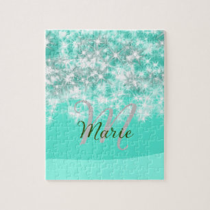 Turquoise teal agate aqua monogram add letter text jigsaw puzzle