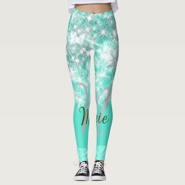 Turquoise teal agate aqua monogram add letter text leggings (Front)