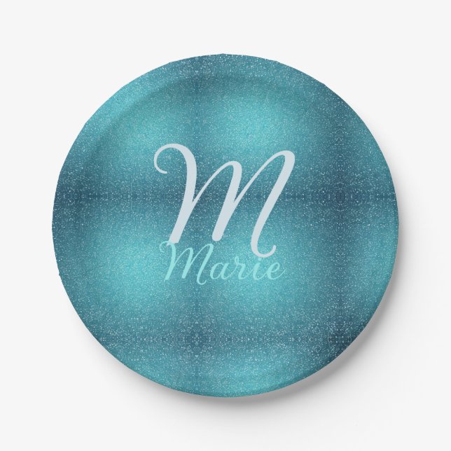 Turquoise teal agate aqua monogram add letter text paper plate (Front)