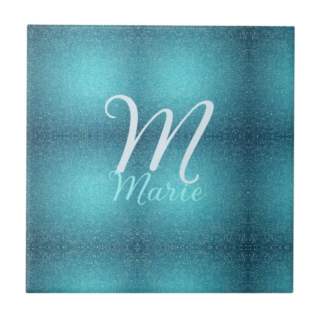Turquoise teal agate aqua monogram add letter text tile (Front)