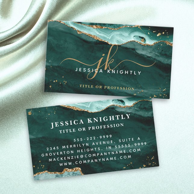  Turquoise Teal Agate Gold Glitter Script Monogram Business Card (Creator Uploaded)