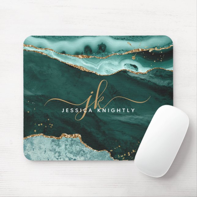 Turquoise Teal Agate Gold Glitter Script Monogram Mouse Mat (With Mouse)