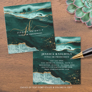 Turquoise Teal Agate Gold Glitter Script Monogram Square Business Card