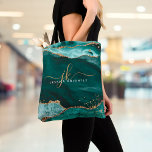 Turquoise Teal Agate Gold Glitter Script Monogram Tote Bag<br><div class="desc">Modern, elegant tote bag with turquoise teal agate and marble and gold glitter sparkle accents personalised with chic feminine handwritten script monogram initials and name. Stylish luxury design. ASSISTANCE: For help with design modification or personalisation, colour change, transferring the design to another product or you would like coordinating items, contact...</div>