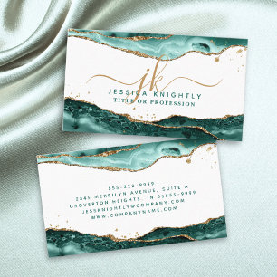 Turquoise Teal Agate Script Monogram Gold Glitter Business Card
