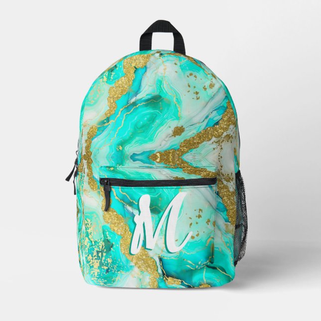 Turquoise Teal Alcohol Ink Faux Gold Custom Printed Backpack (Front)