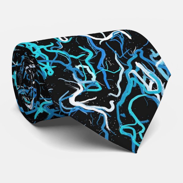 Turquoise, Teal and Black Abstract Tie (Rolled)