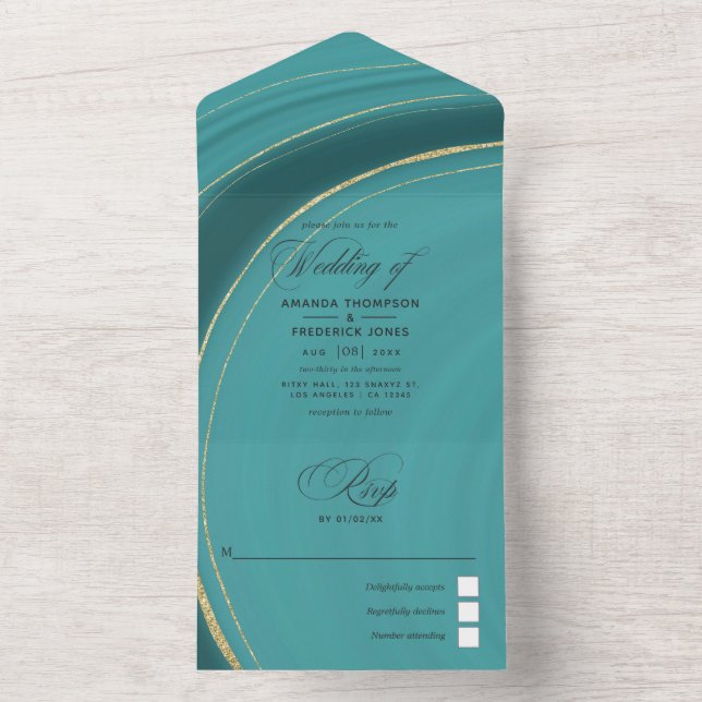 Turquoise - Teal and Gold Agate Wedding All In One Invitation (Inside)