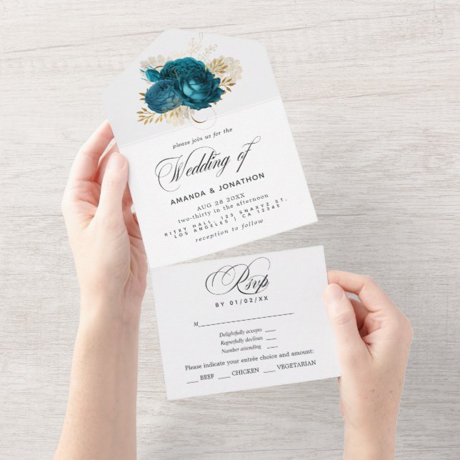 Turquoise - Teal and Gold Floral Wedding All In On One Invitation (Tearaway)