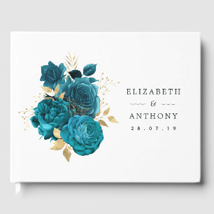 Turquoise - Teal and Gold Floral Wedding Guest Book