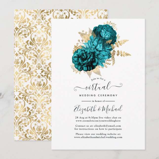 Turquoise - Teal and Gold Floral Wedding Invitation (Front/Back)
