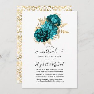 Turquoise - Teal and Gold Floral Wedding Invitation