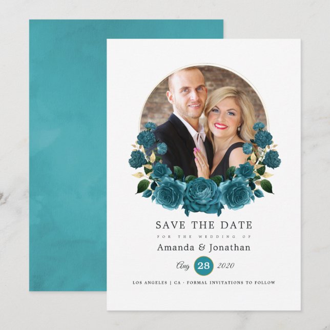 Turquoise - Teal and Gold Floral Wedding Photo Save The Date (Front/Back)