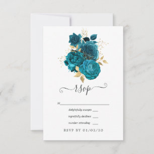 Turquoise - Teal and Gold Floral Wedding RSVP Card