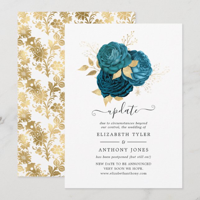 Turquoise - Teal and Gold Floral Wedding Update Invitation (Front/Back)