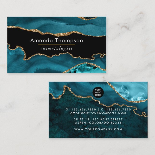 Turquoise - Teal and Gold Geode Agate Stone Busine Business Card (Front/Back)