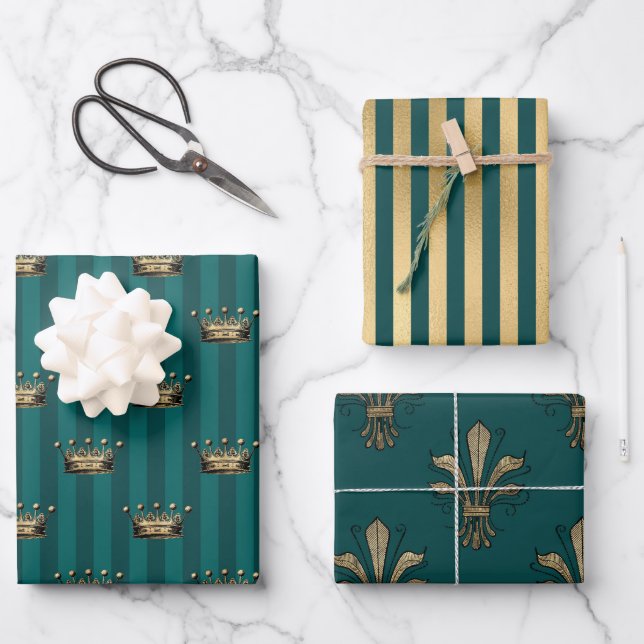 Turquoise - Teal and Gold Paris Theme Wrapping Paper Sheet (Front)