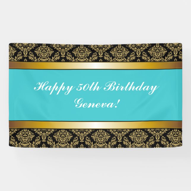 Turquoise Teal Any Age Gold Damask Birthday Banner (Horizontal)