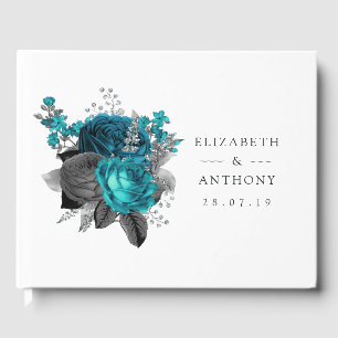 Turquoise - Teal Black and Silver Floral Wedding Guest Book