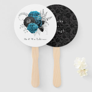 Turquoise - Teal Black and Silver Floral Wedding Hand Fan
