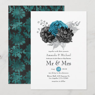 Turquoise - Teal Black and Silver Floral Wedding Invitation