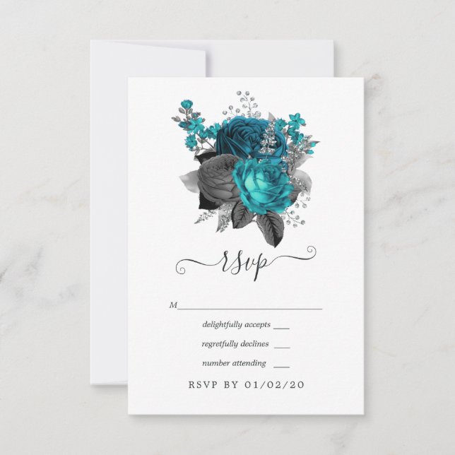 Turquoise - Teal Black and Silver Floral Wedding RSVP Card (Front)