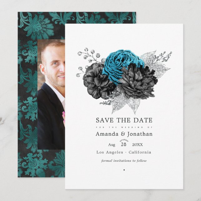 Turquoise - Teal Black and Silver Floral Wedding Save The Date (Front/Back)