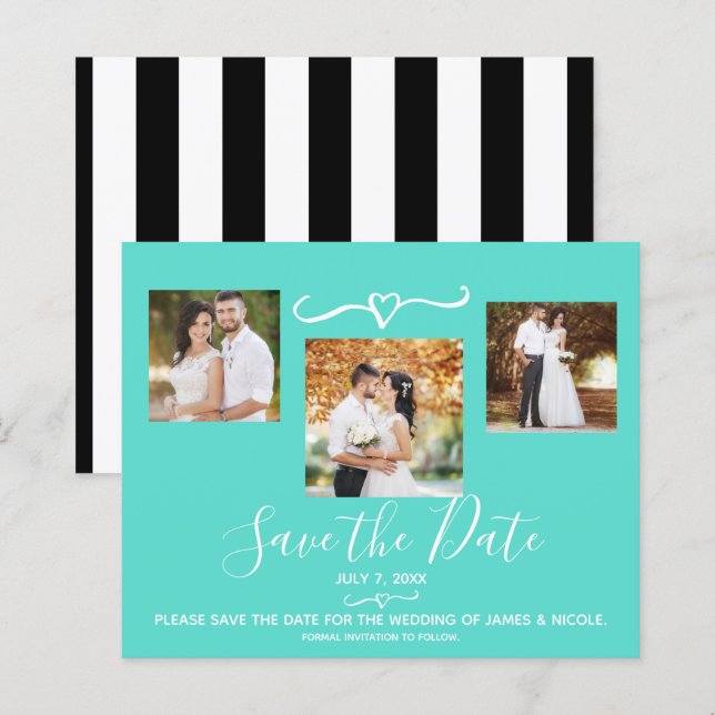 Turquoise Teal & Black Stripes Photo Save the Date (Front/Back)