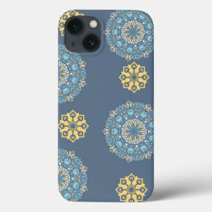 Turquoise Teal Blue an yellow Mandala Art Pattern iPhone 13 Case