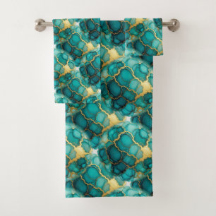 Turquoise Teal Blue and Gold Alcohol Ink Marble Bath Towel Set