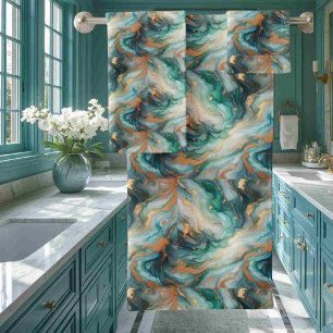 Turquoise Teal Blue and Gold Alcohol Ink Marble Bath Towel Set