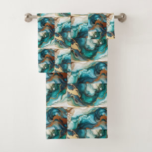 Turquoise Teal Blue and Gold Alcohol Ink Marble Bath Towel Set