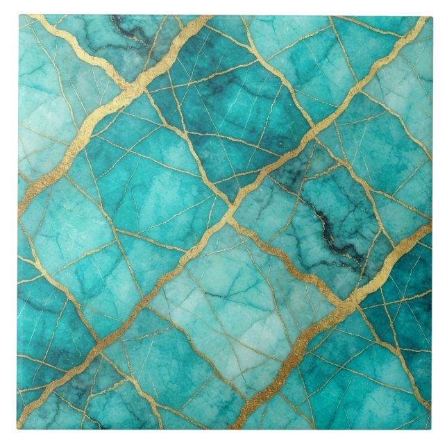 Turquoise Teal Blue and Gold Marble Tile (Front)
