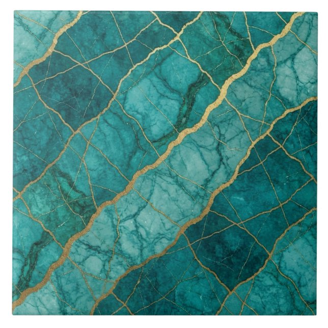 Turquoise Teal Blue and Gold Marble Tile (Front)