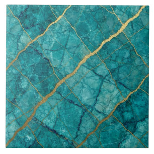 Turquoise Teal Blue and Gold Marble Tile