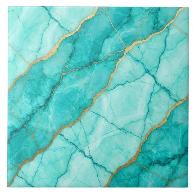 Turquoise Teal Blue and Gold Marble Tile (Front)