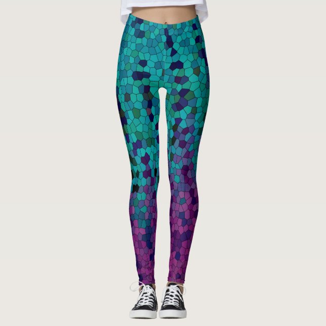 Turquoise Teal Blue and Purple Violet Mosaic Leggings (Front)