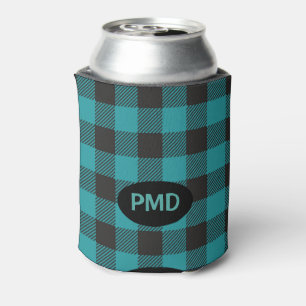 Turquoise Teal Blue Black Buffalo Plaid Monogram Can Cooler